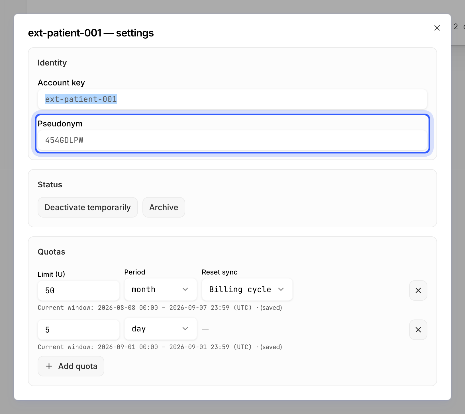An account's settings dialog with the Pseudonym field highlighted