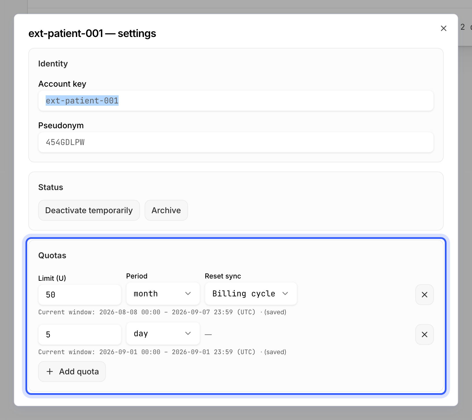 An account's settings dialog with two quota rows highlighted