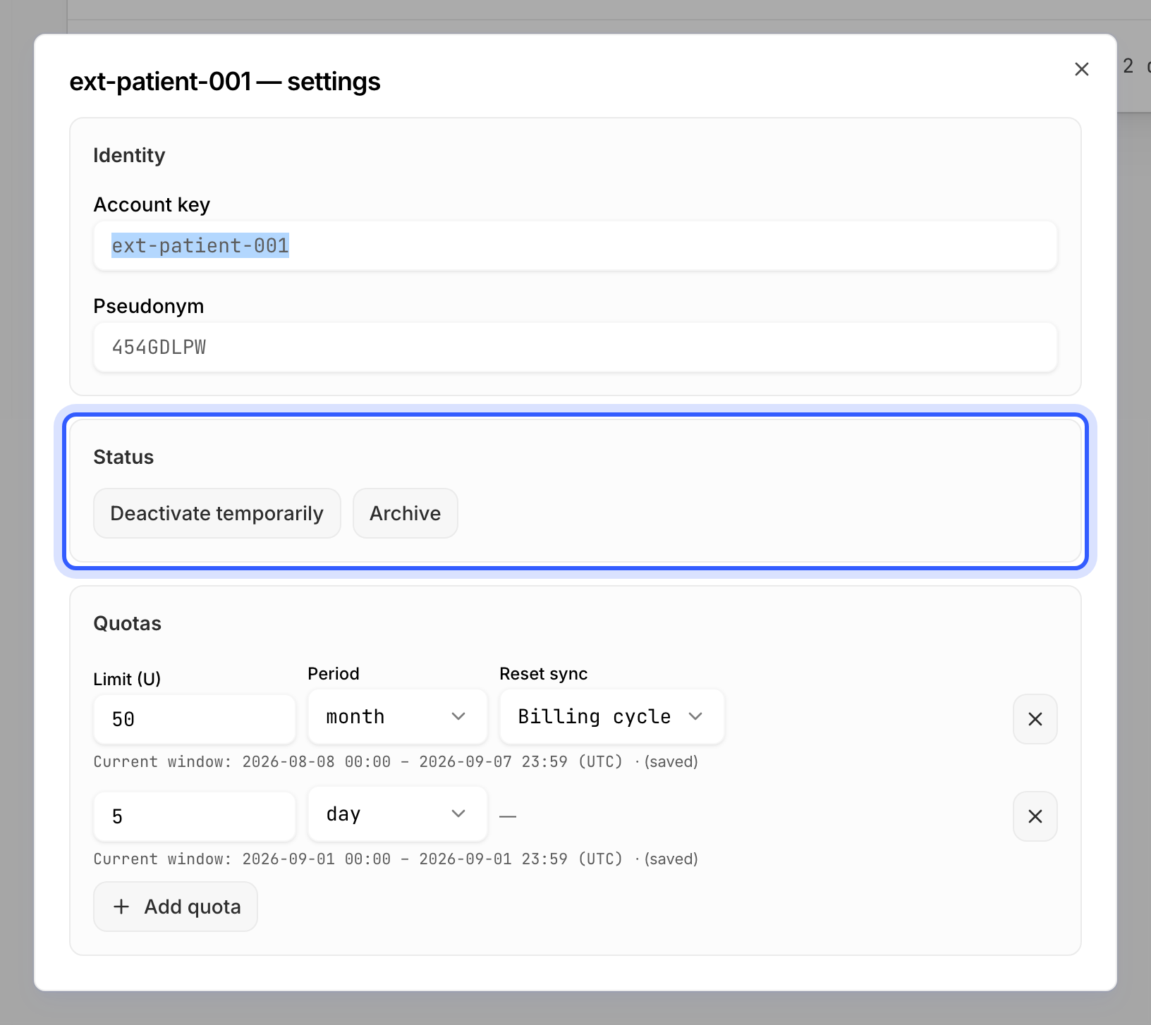 An account's settings dialog with the Status actions highlighted