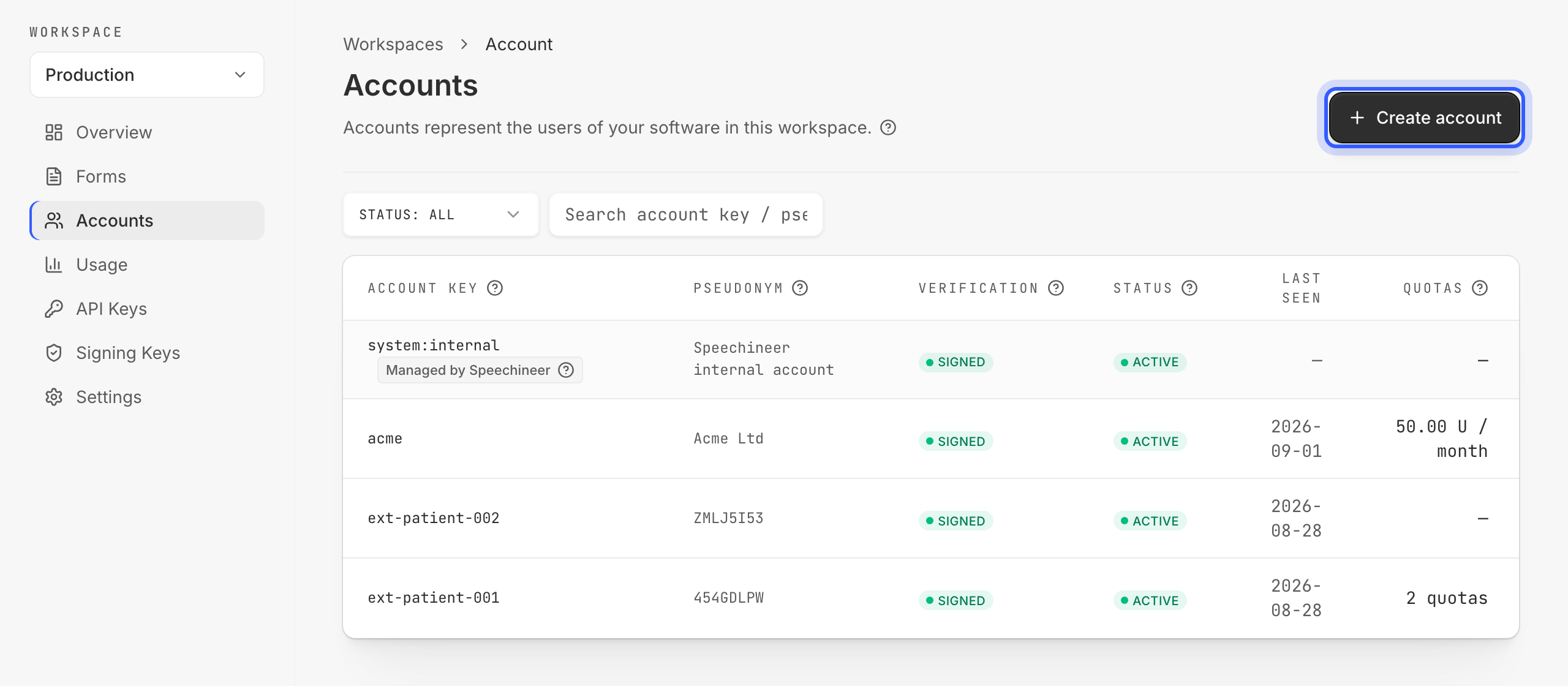 The Accounts page with the Create account button highlighted