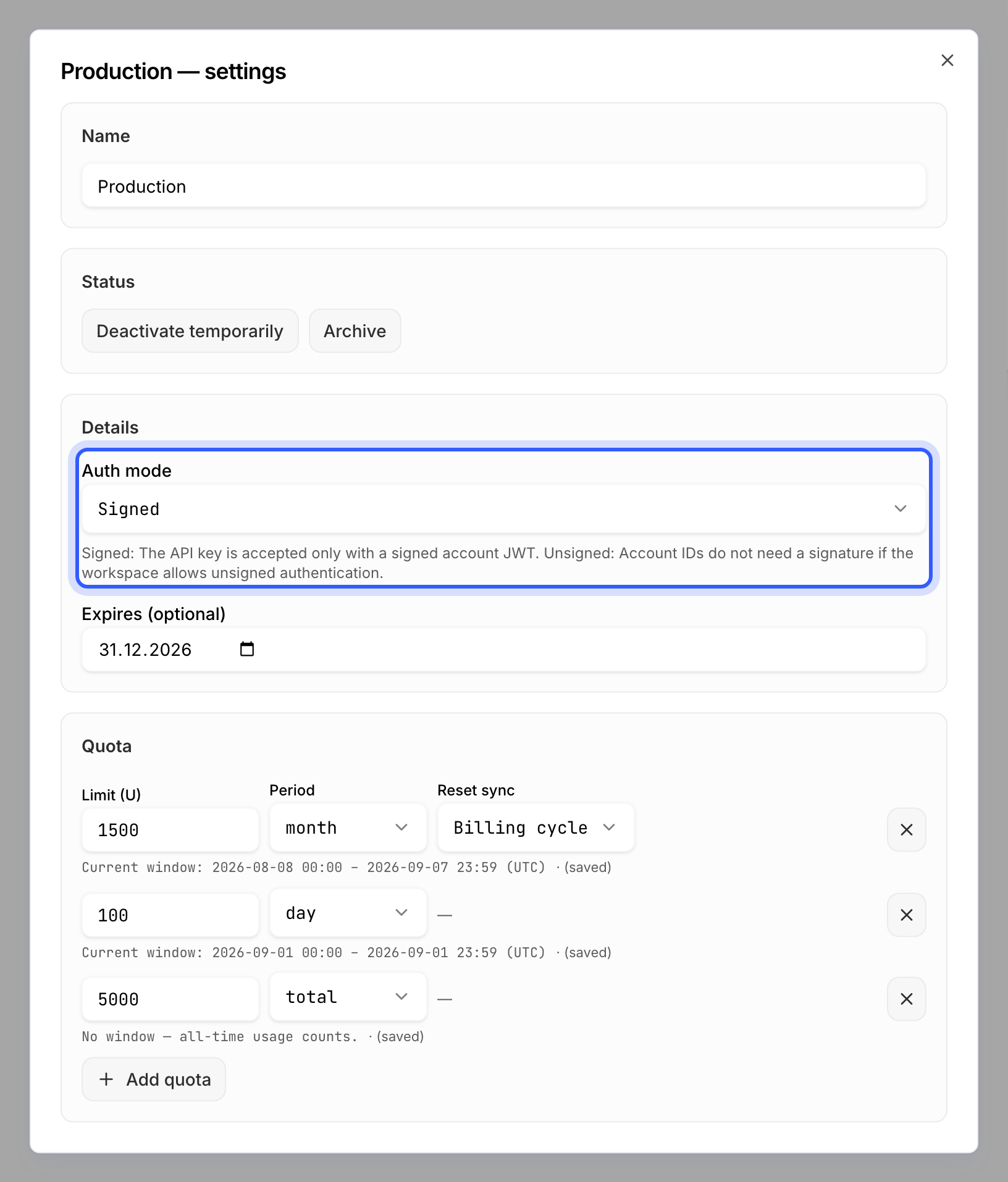 An API key's settings dialog with the Auth mode select highlighted