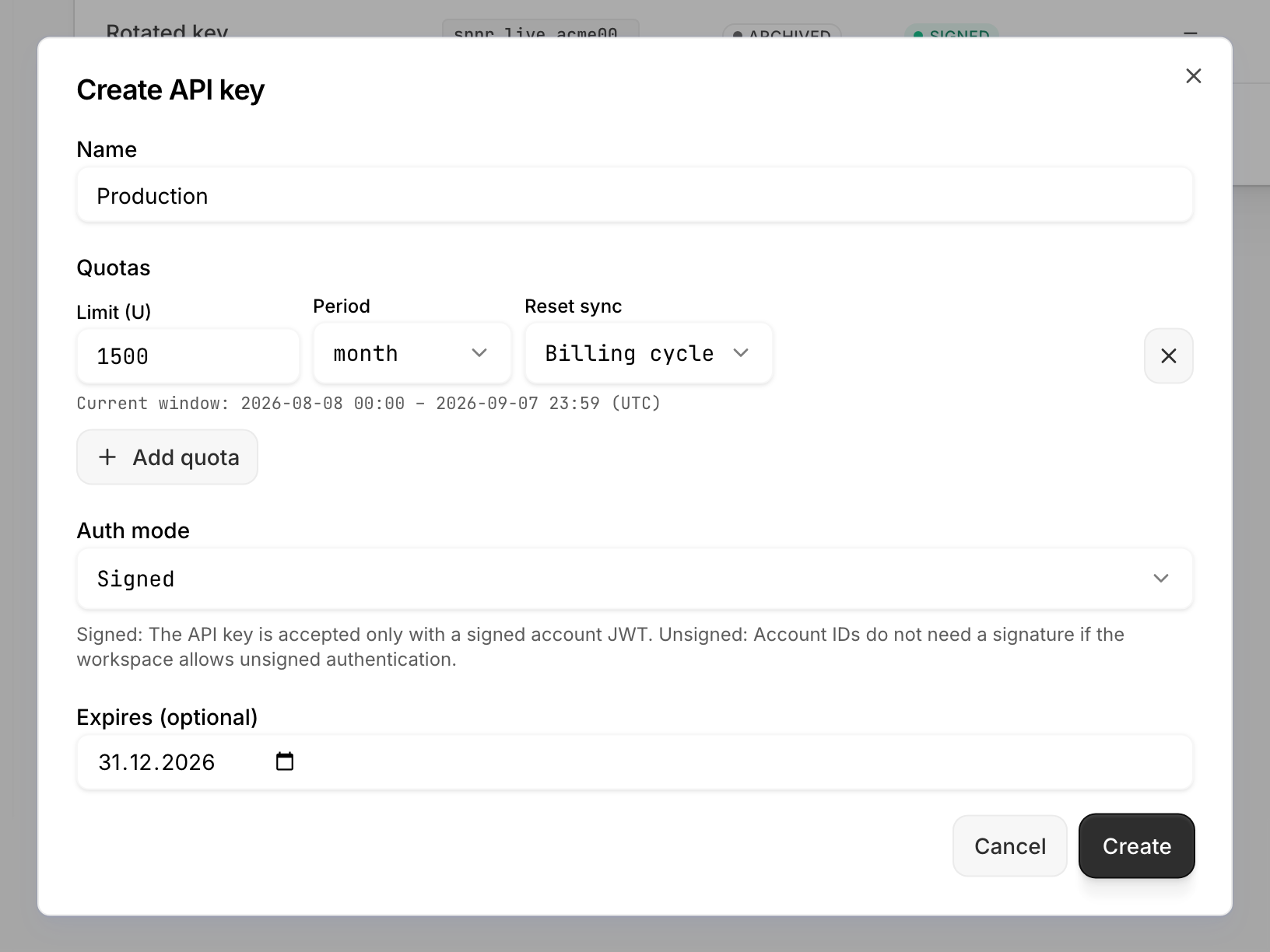 The Create API key dialog filled in for a production key