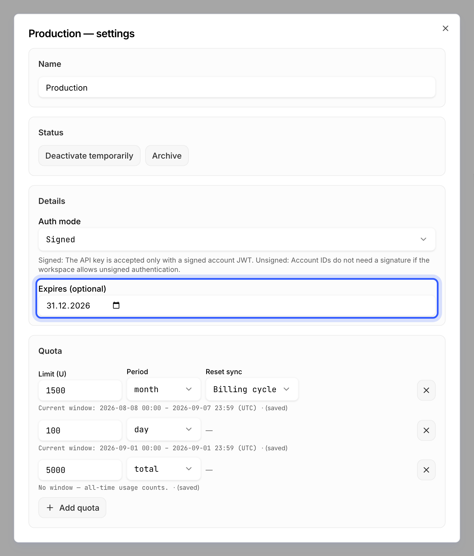 An API key's settings dialog with the Expires date highlighted