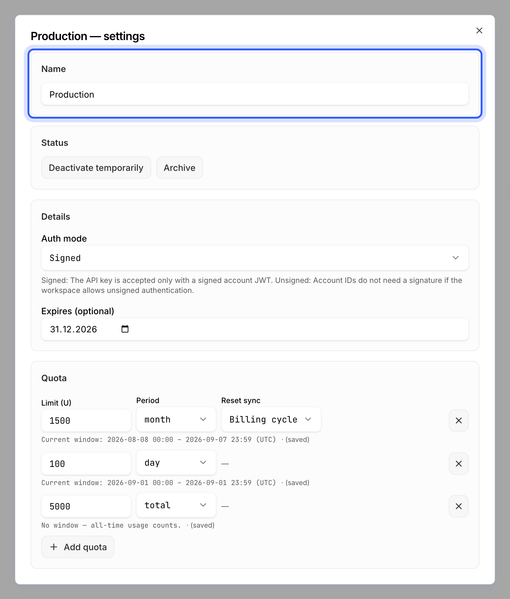 An API key's settings dialog with the Name field highlighted
