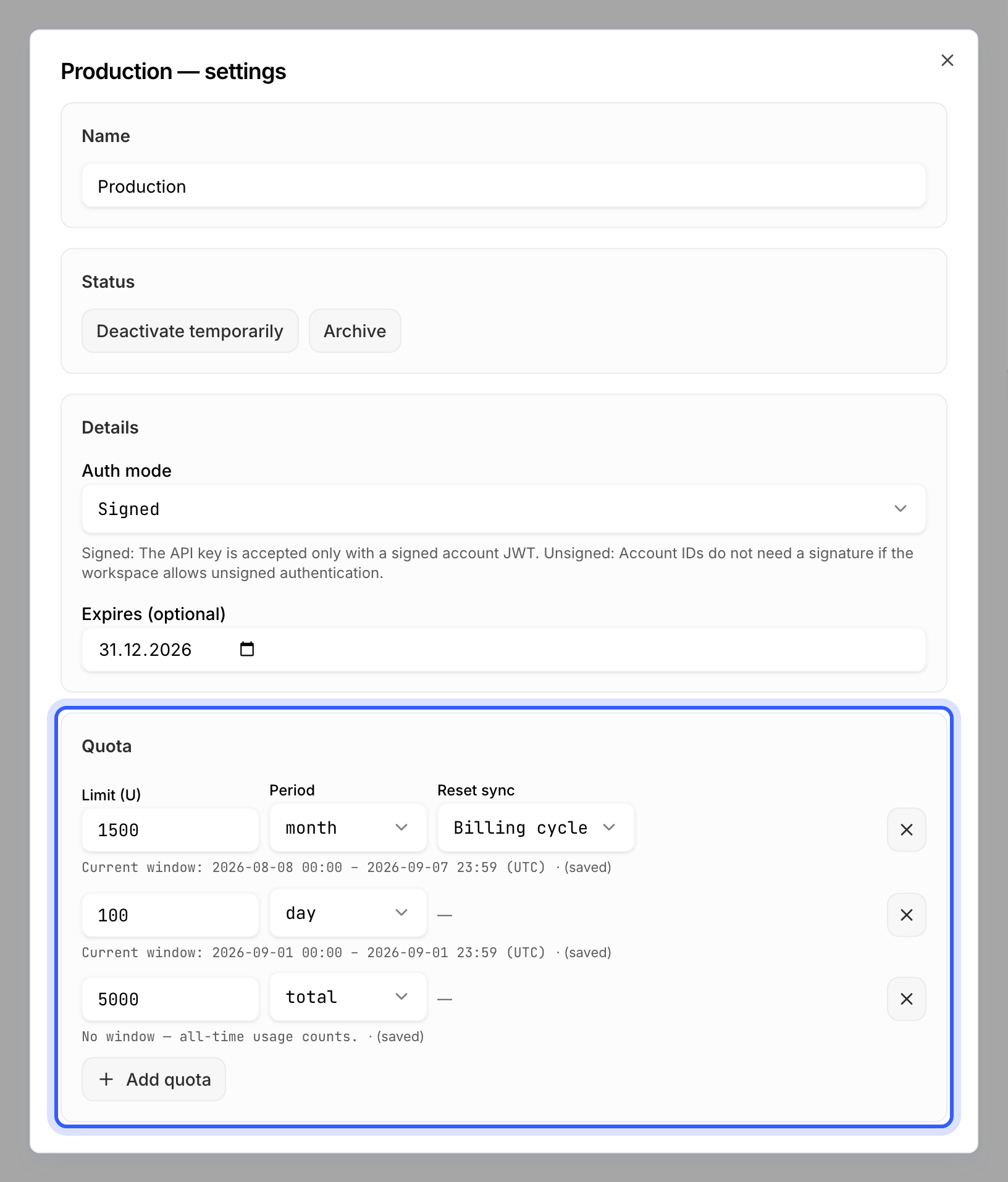 An API key's settings dialog with three quota rows highlighted