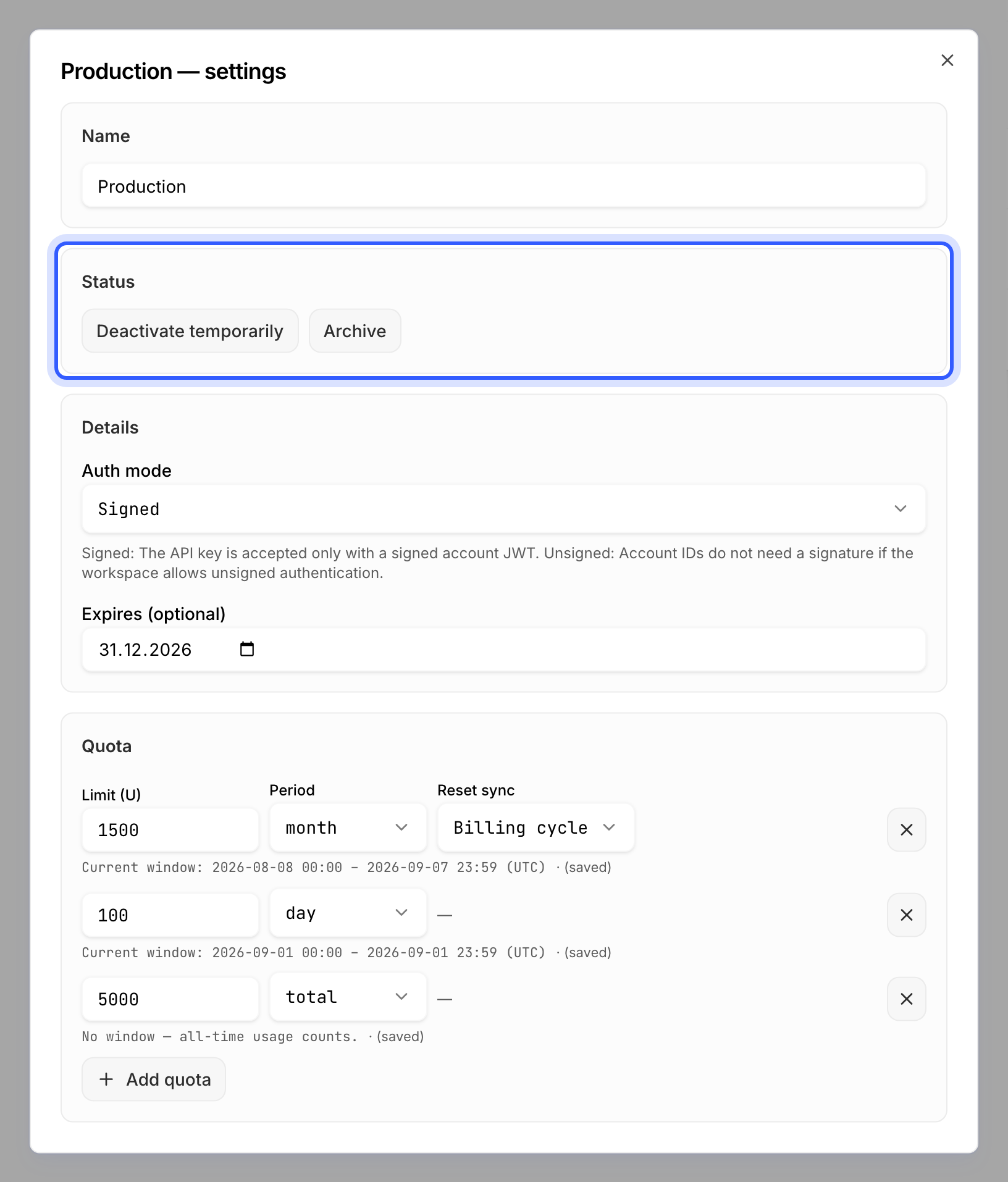 An API key's settings dialog with the Status actions highlighted