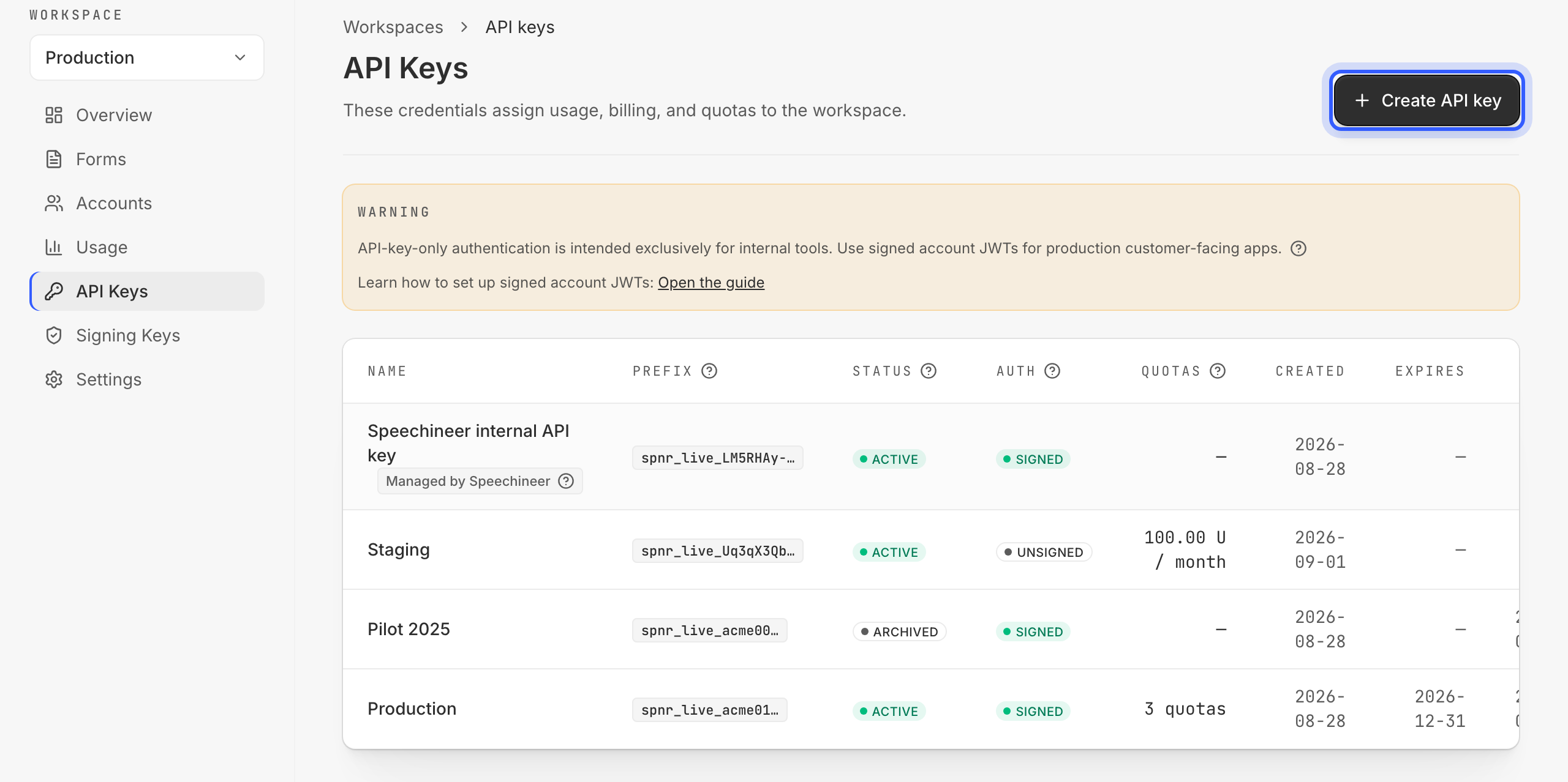 The API keys page listing the workspace's keys, with the Create API key button highlighted