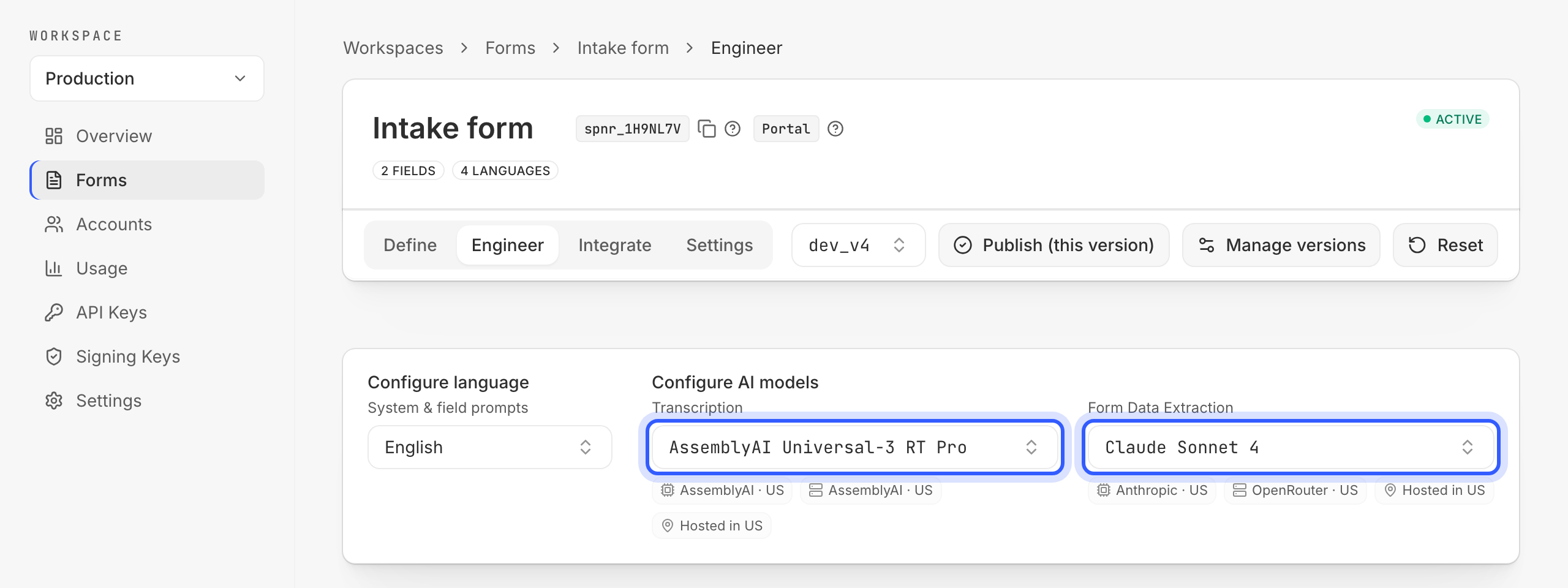 The Configure AI models card with the transcription and extraction model pickers highlighted