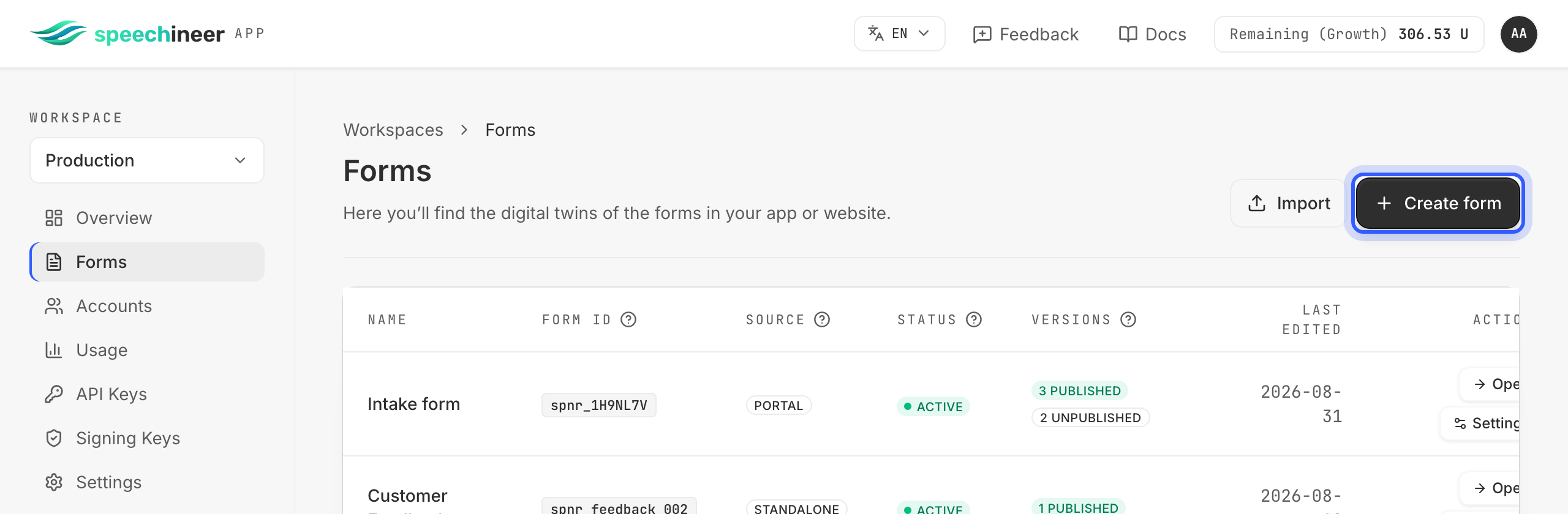 The Forms page with the Create form button highlighted