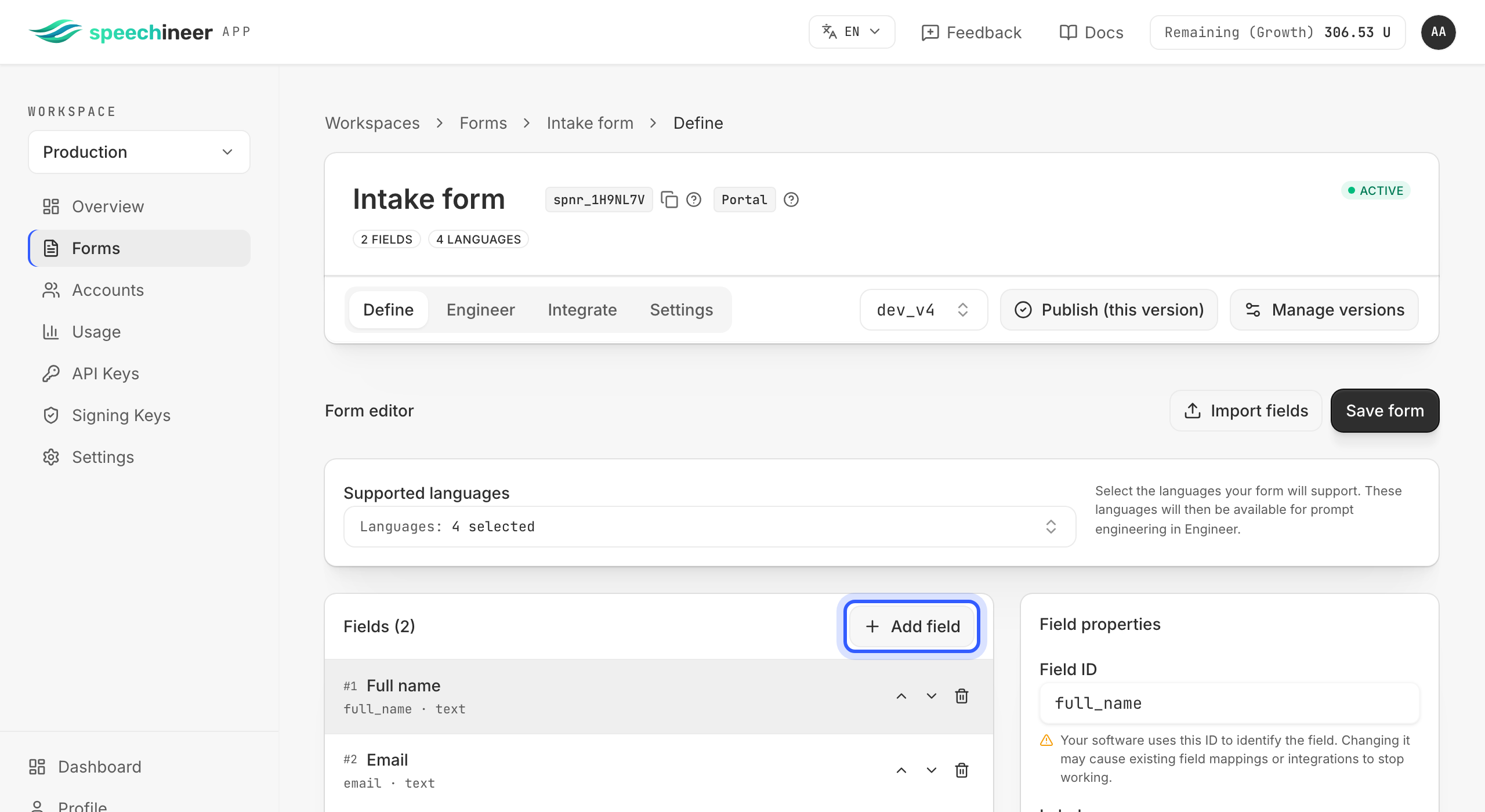 The Define tab of a freshly created form with the Add field button highlighted