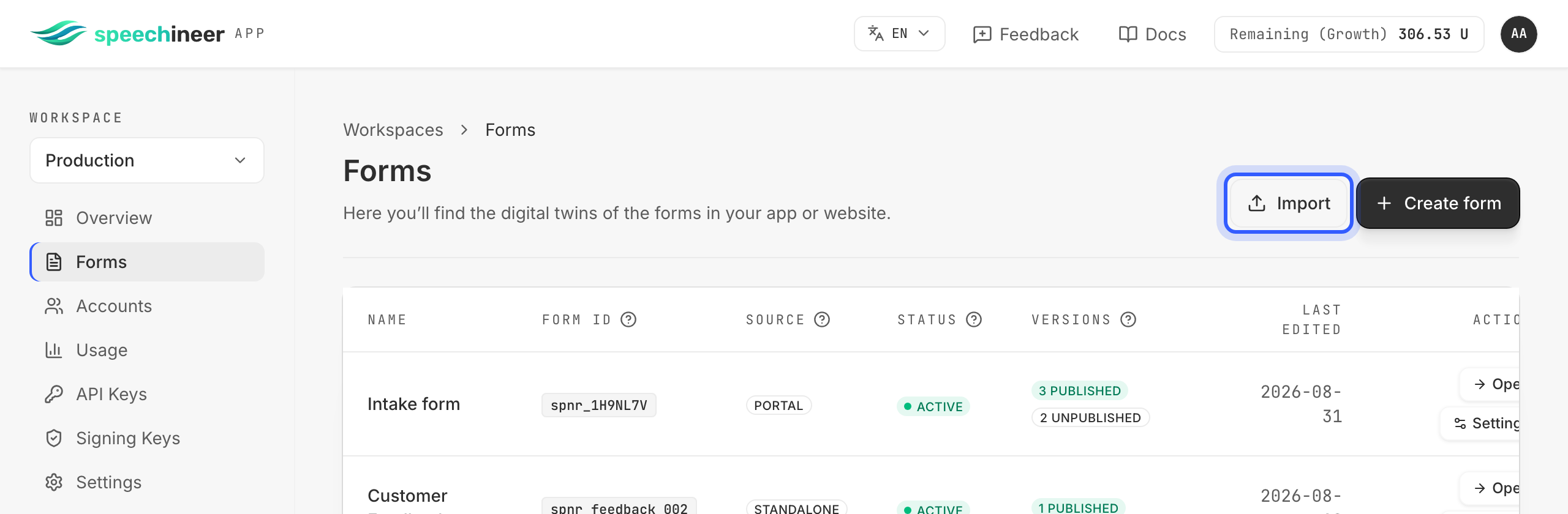 The Forms page with the Import button highlighted