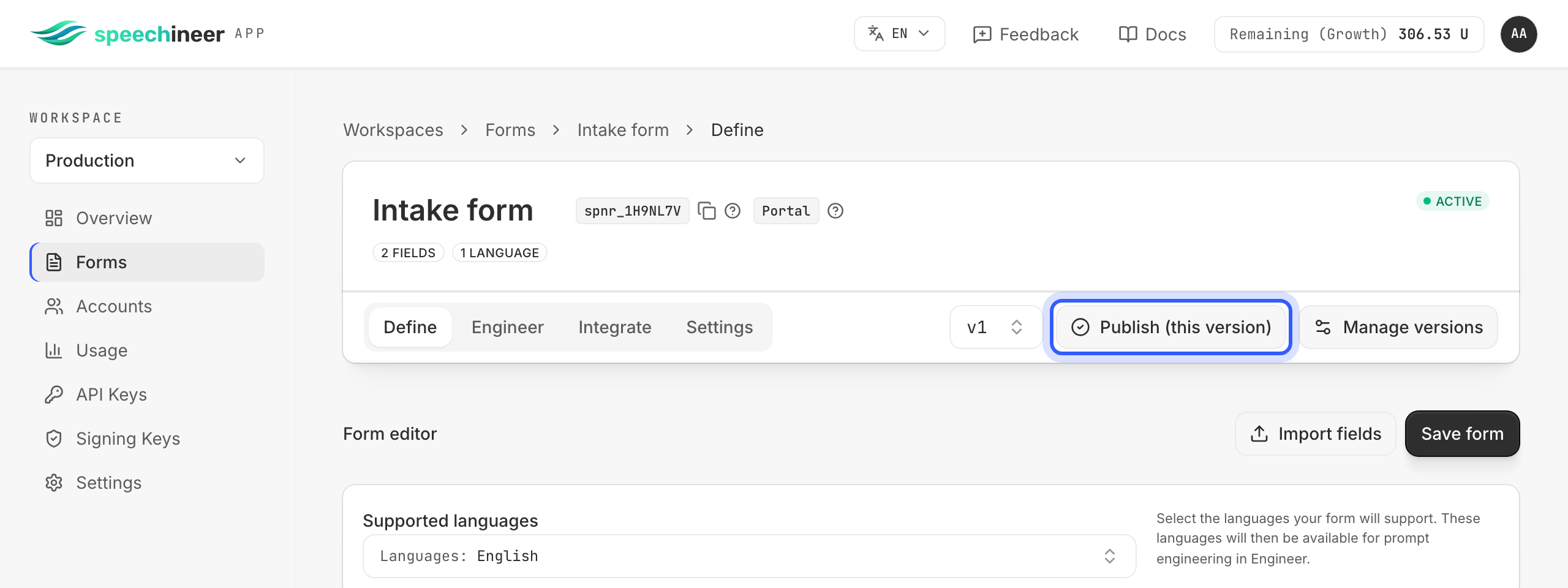 The form header with the Publish (this version) button highlighted