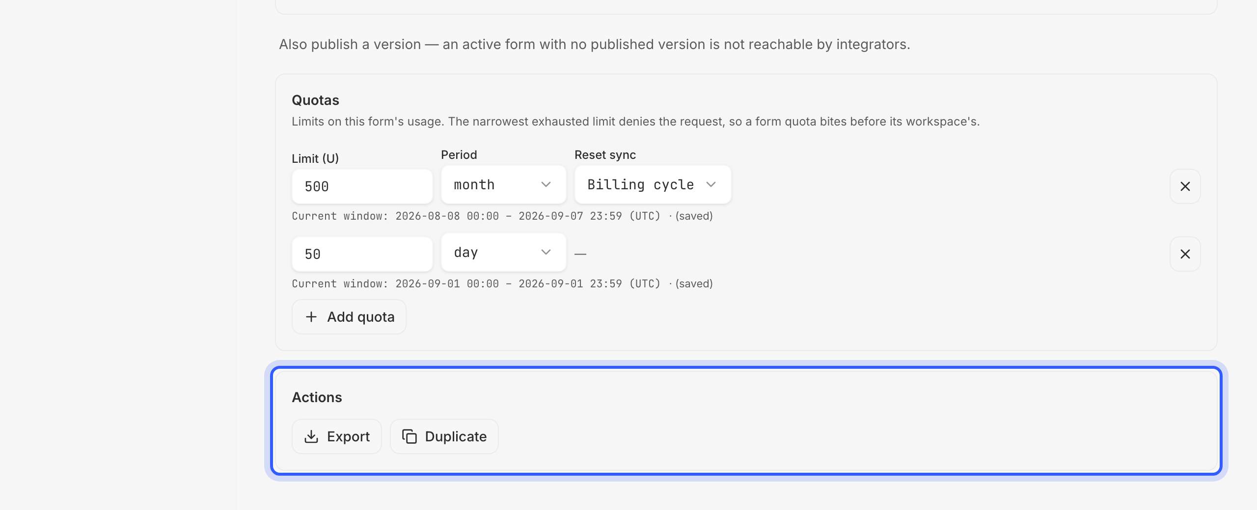 A form's Settings page with the Actions section highlighted