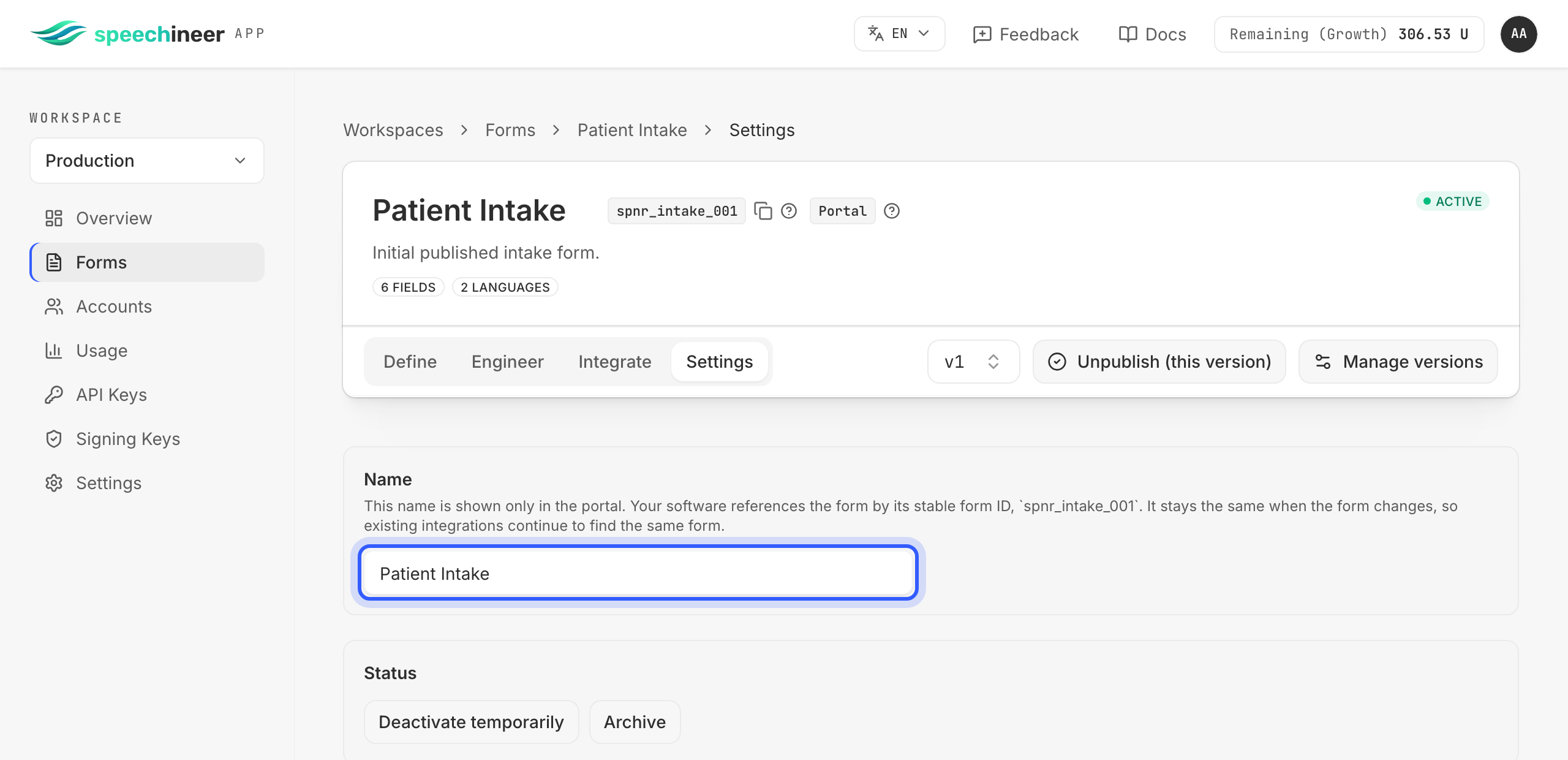 A form's Settings page with the Name field highlighted