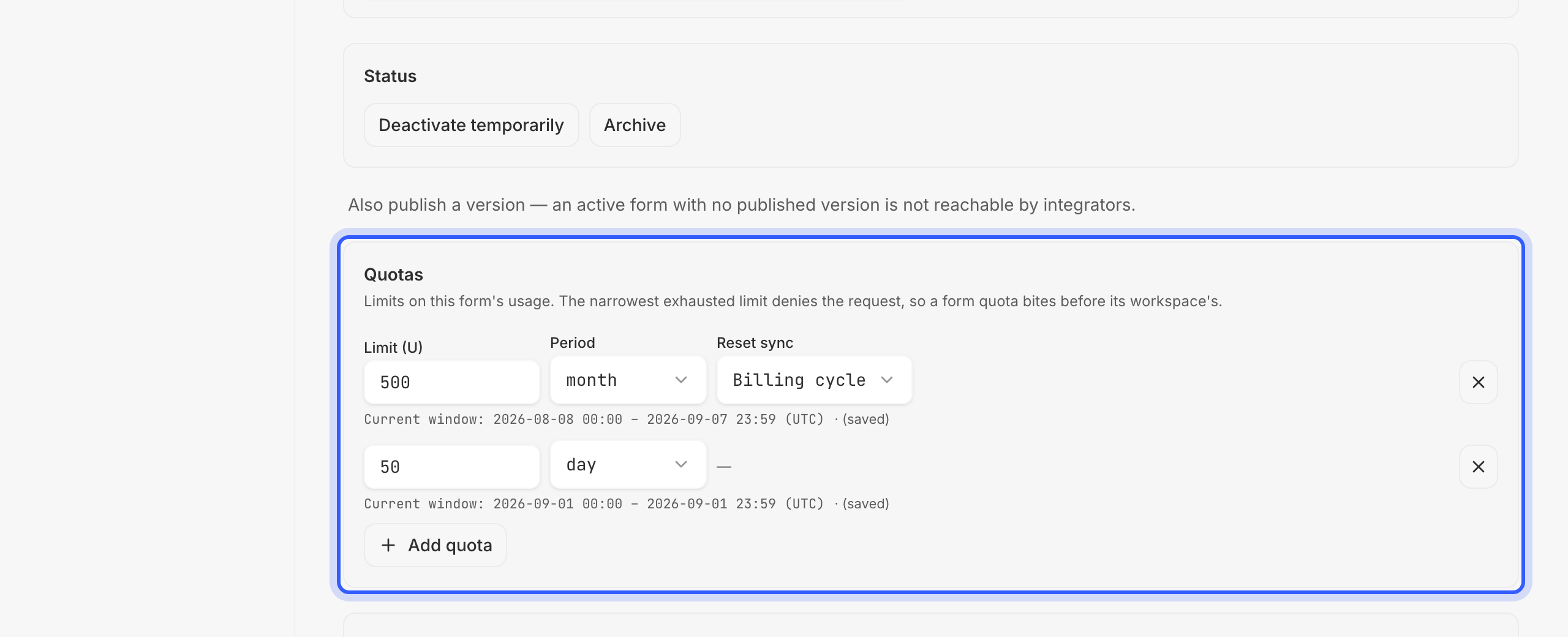 A form's Settings page with the Quotas section highlighted, carrying two quotas