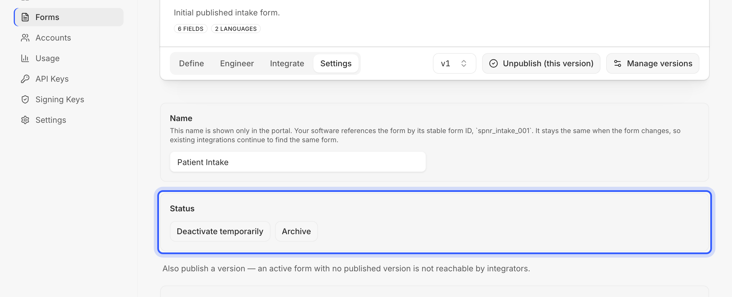 A form's Settings page with the Status section highlighted