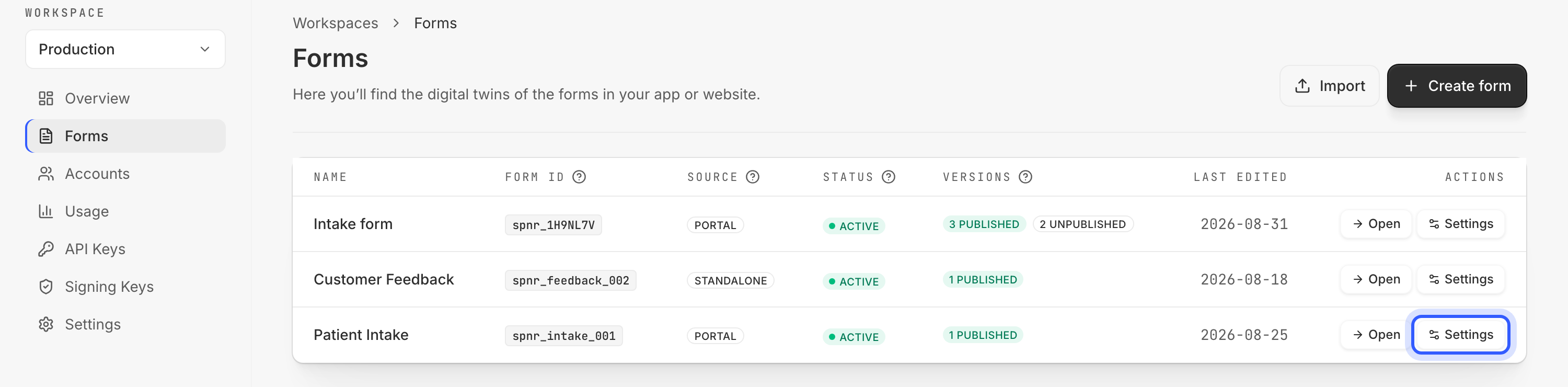 The Forms page with a form's Settings link highlighted