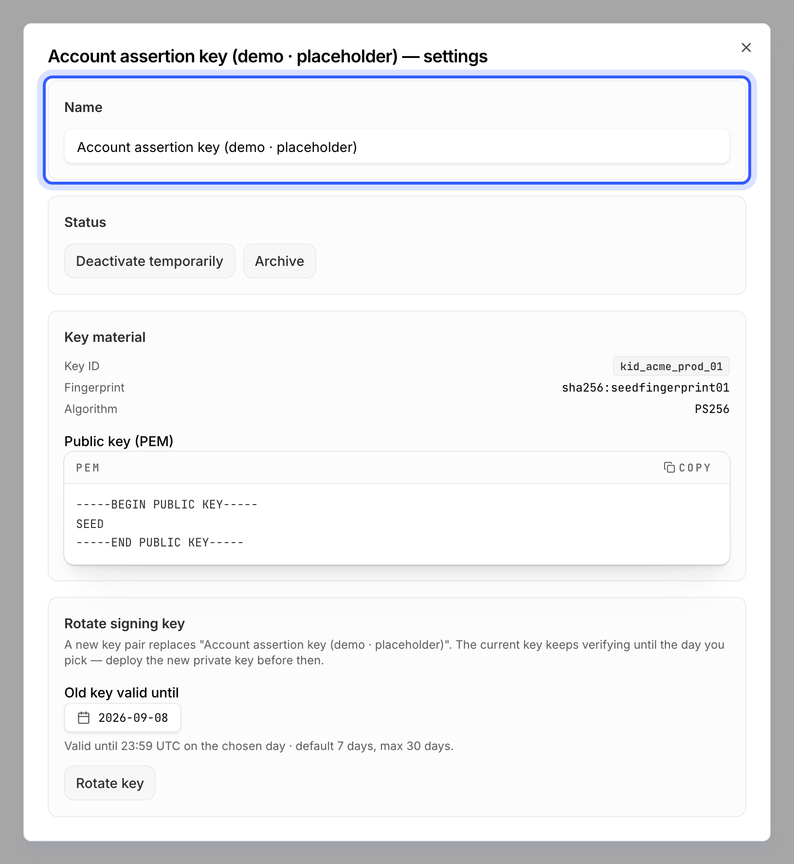 A signing key's settings dialog with the Name field highlighted