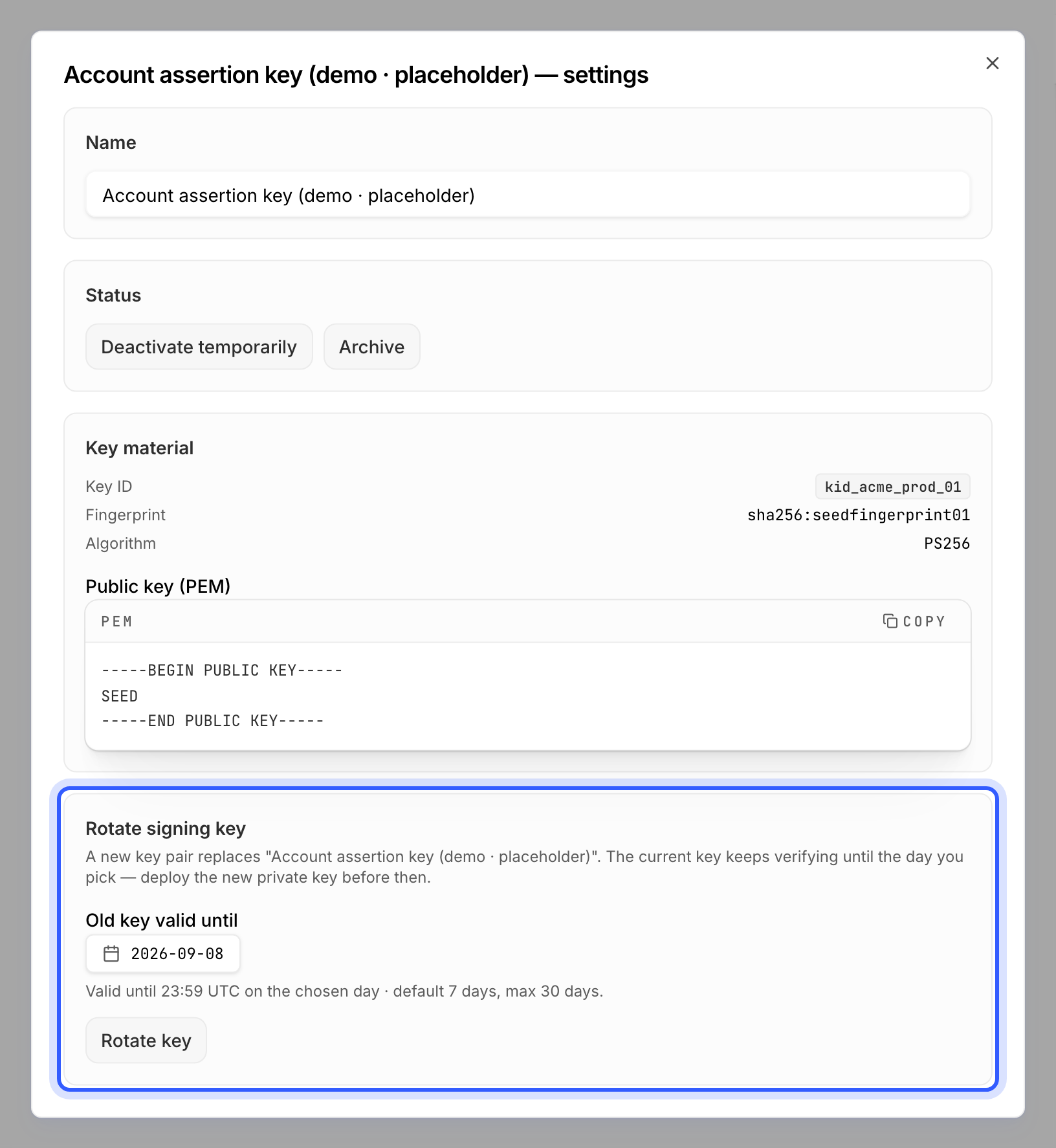 A signing key's settings dialog with the Rotate signing key section highlighted