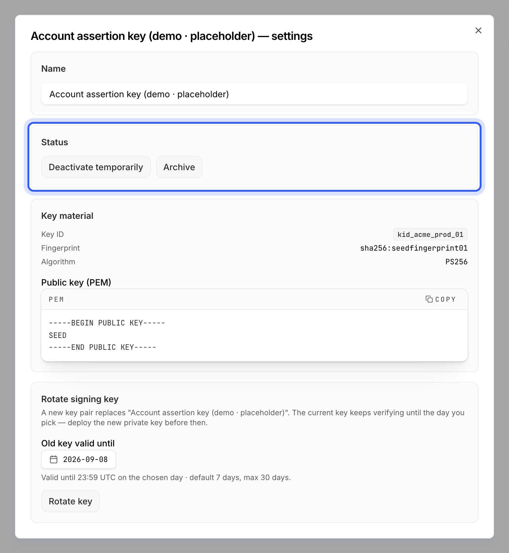 A signing key's settings dialog with the Status actions highlighted