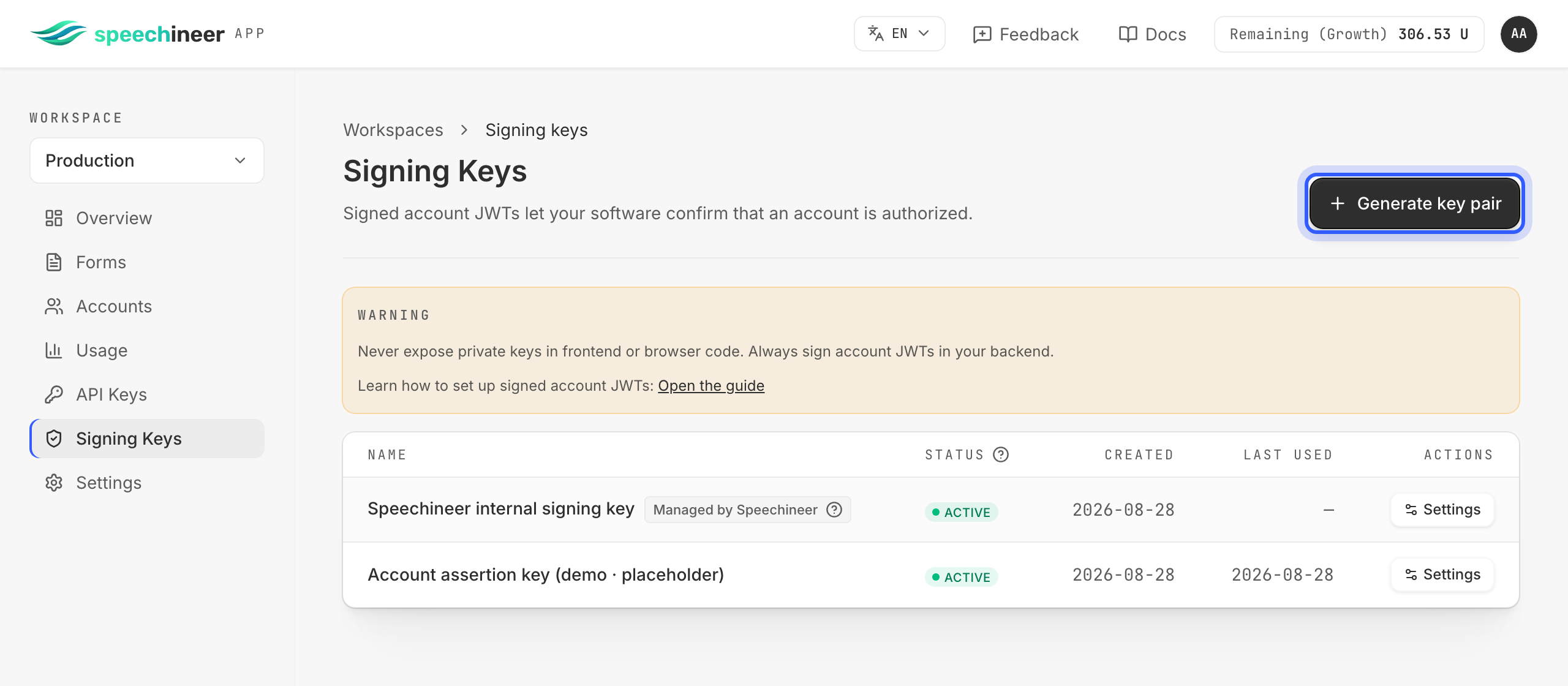The Signing keys page with the Generate key pair button highlighted
