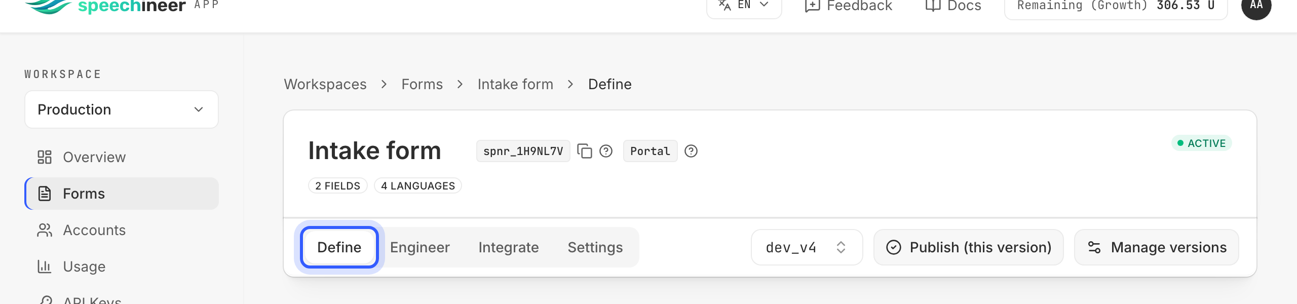 The form header with the Define tab highlighted