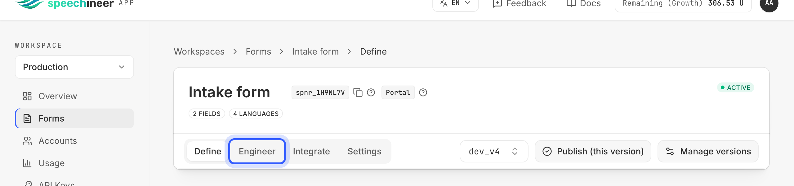 The form header with the Engineer tab highlighted