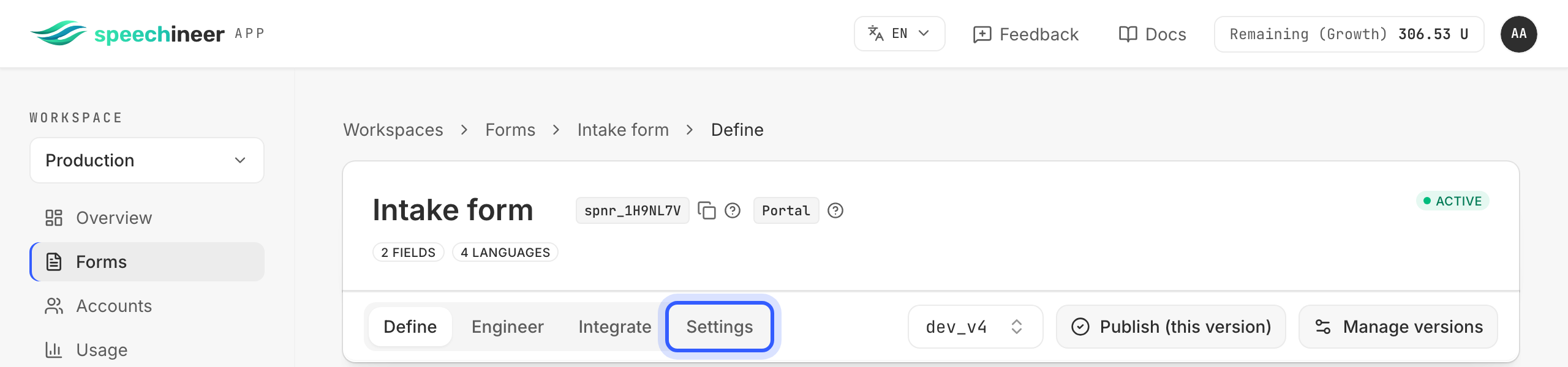 The form header with the Settings tab highlighted