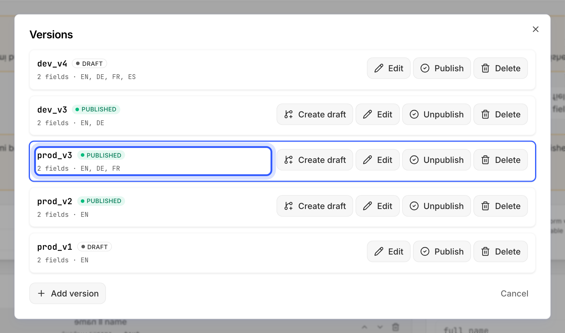 The Manage versions dialog after publishing prod_v3, its row highlighted