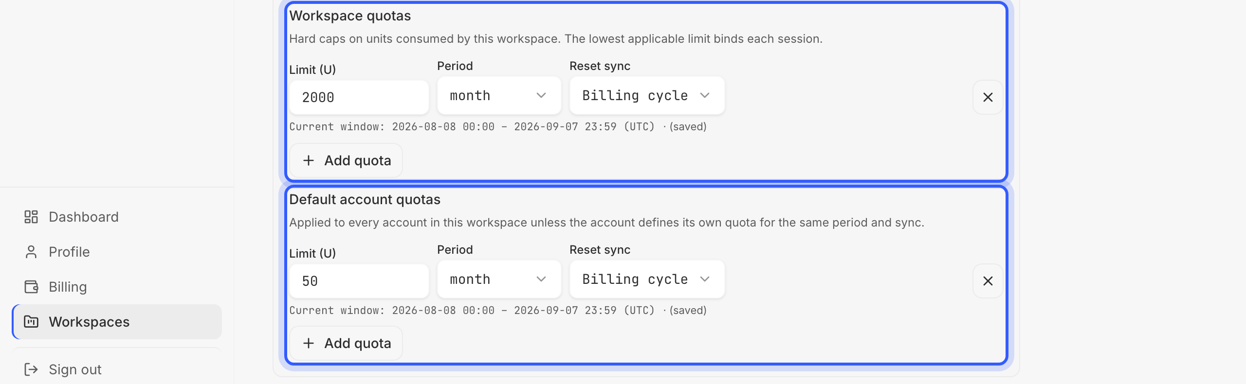 Settings › Overview › Quotas with the Workspace quotas and Default account quotas blocks highlighted