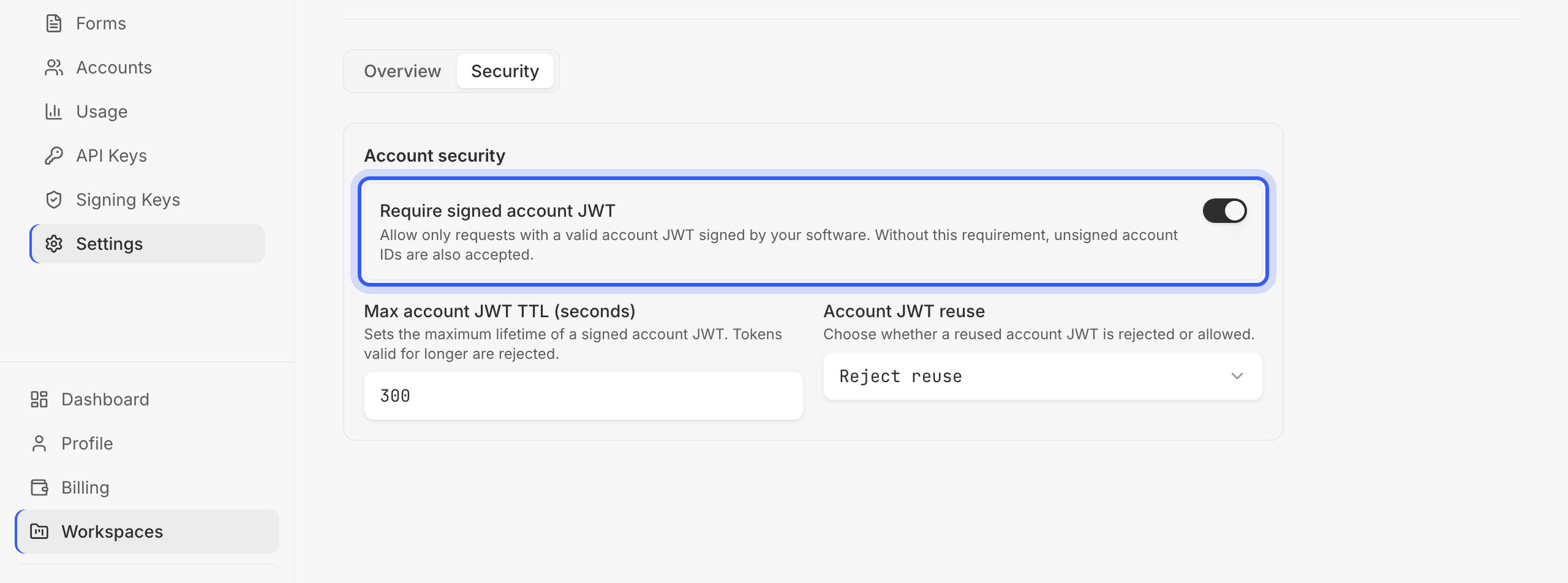 The workspace Settings page on its Security tab, reached from Workspaces in the sidebar, with the Require signed account JWT switch highlighted