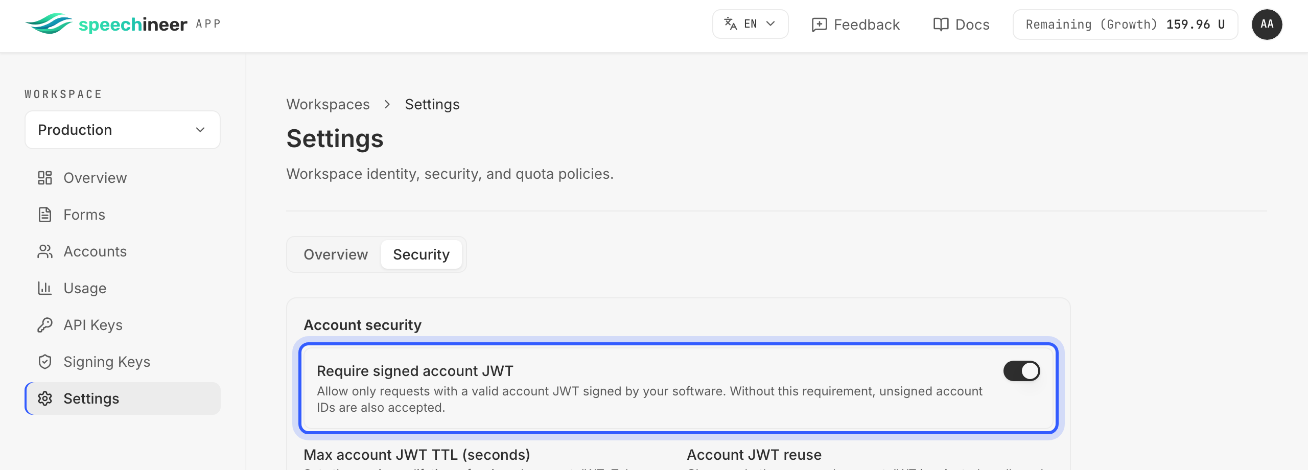 The workspace Settings page, Security tab, with the Require signed account JWT switch highlighted